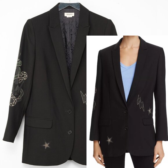 Zadig & Voltaire Viva Bis Blazer Embellished Rhinestone Snake Star Black Size 38 - Picture 1 of 10